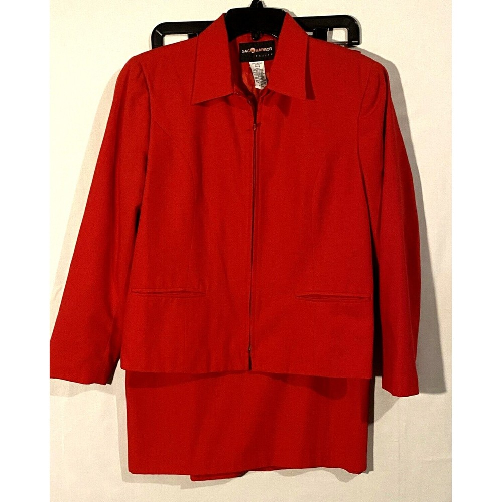 Sag Harbor Midi Skirt Suit Sz 8 Red Full Zip Jacket Lined Vintage - Picture 2 of 9